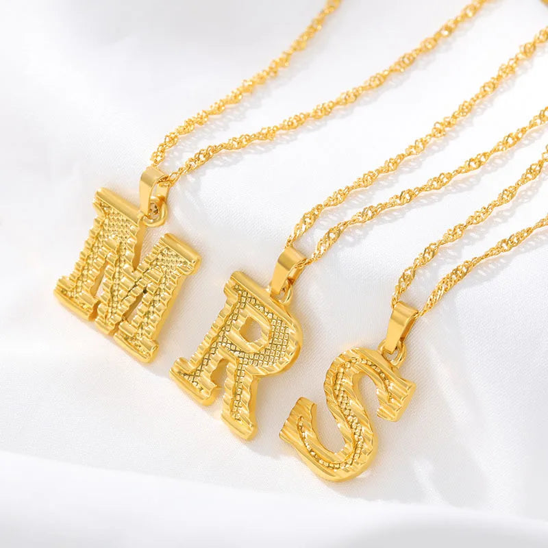 Fashion Gold Plated 26 Initial Letter Pendant Water Wave Chain Necklace For Women Men