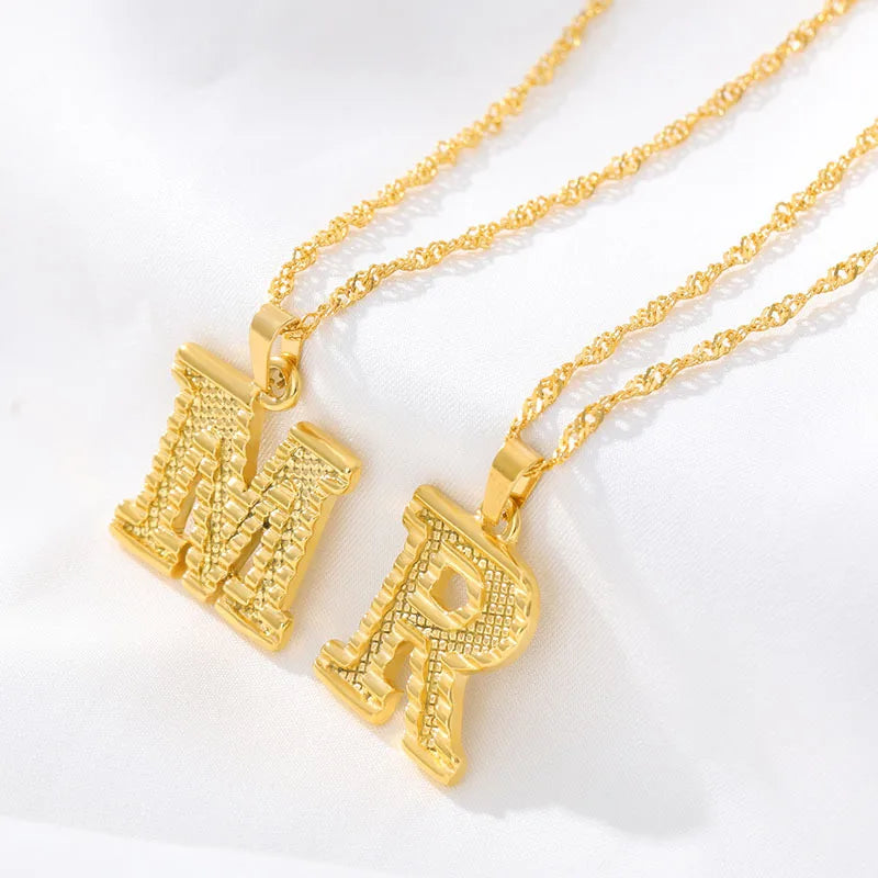Fashion Gold Plated 26 Initial Letter Pendant Water Wave Chain Necklace For Women Men