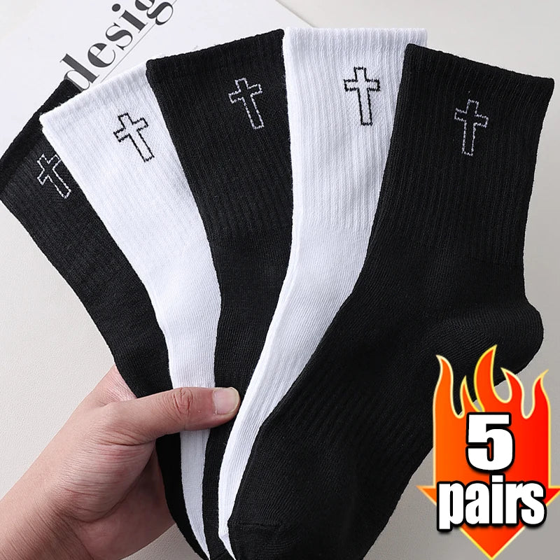 Men's Black and White Socks Spring and Summer Midsection Cross Embroidered Long Socks Teenage Trend Sweat Absorbing Socks