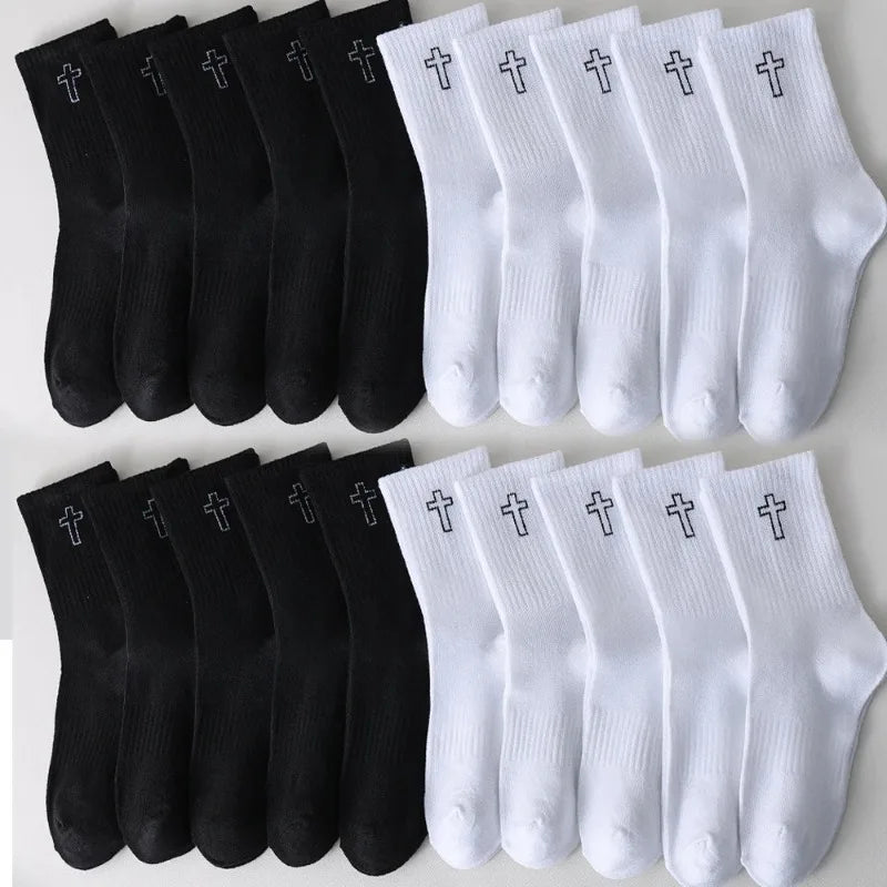 Men's Black and White Socks Spring and Summer Midsection Cross Embroidered Long Socks Teenage Trend Sweat Absorbing Socks