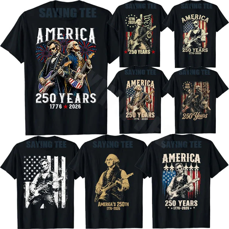 George Washington Abe Lincoln Playing Guitar 250th Birthday of America T-Shirt Vintage 250 Years USA Patriotic Anniversary Gift