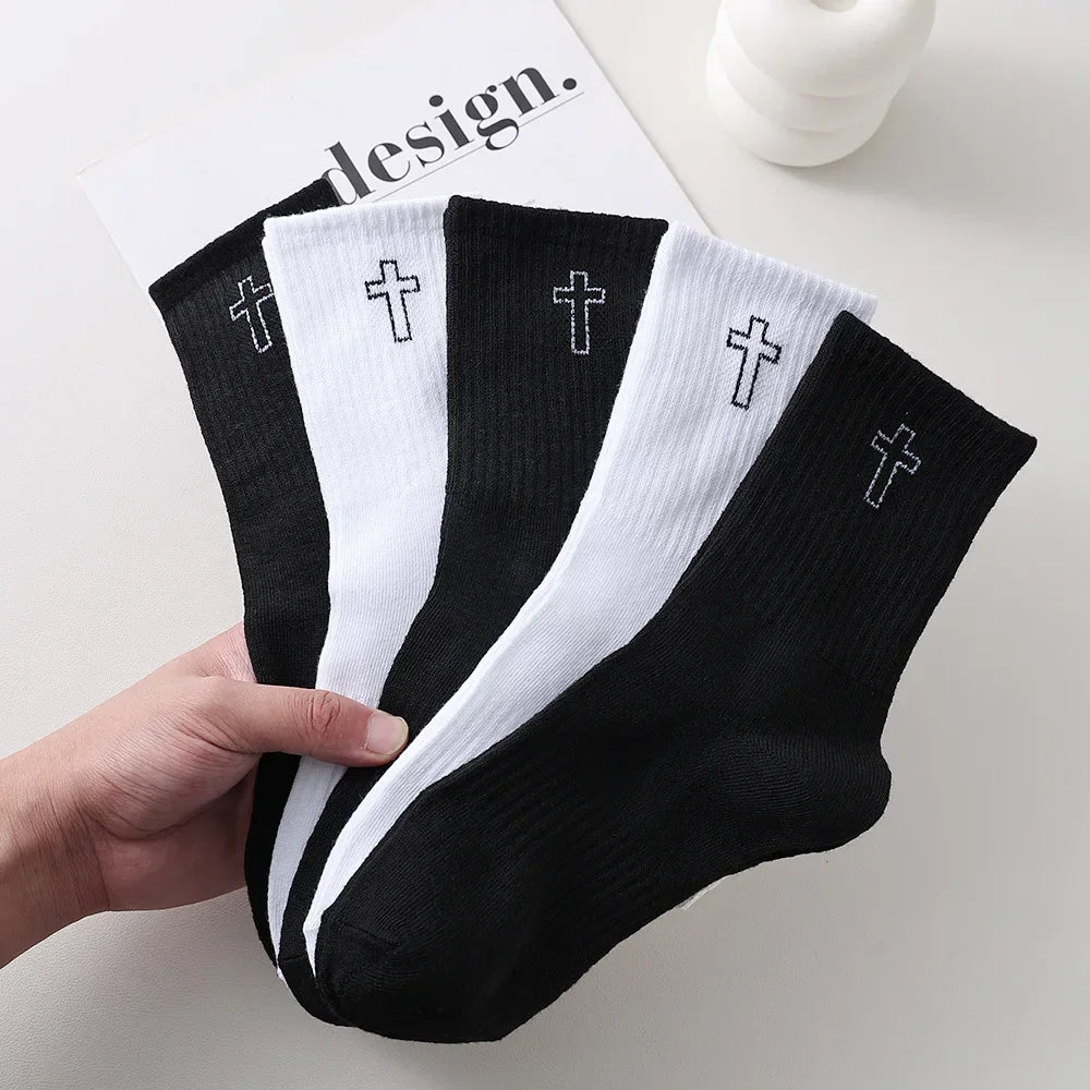 Men's Black and White Socks Spring and Summer Midsection Cross Embroidered Long Socks Teenage Trend Sweat Absorbing Socks