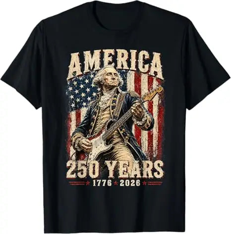 George Washington Abe Lincoln Playing Guitar 250th Birthday of America T-Shirt Vintage 250 Years USA Patriotic Anniversary Gift