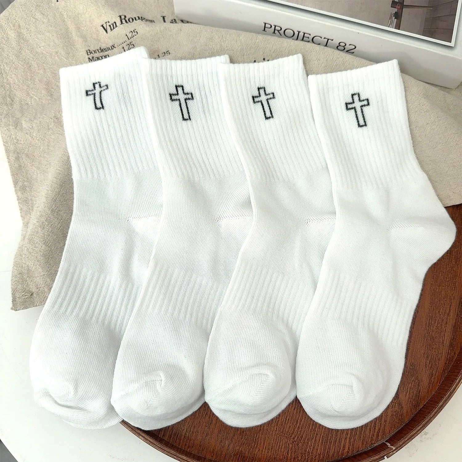Men's Black and White Socks Spring and Summer Midsection Cross Embroidered Long Socks Teenage Trend Sweat Absorbing Socks