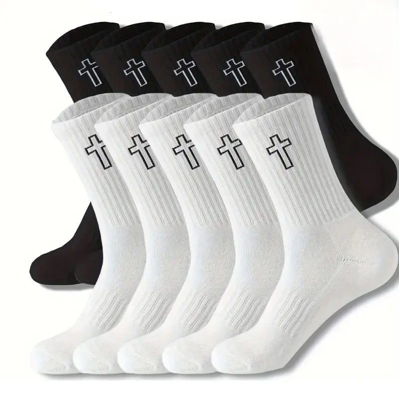 Men's Black and White Socks Spring and Summer Midsection Cross Embroidered Long Socks Teenage Trend Sweat Absorbing Socks