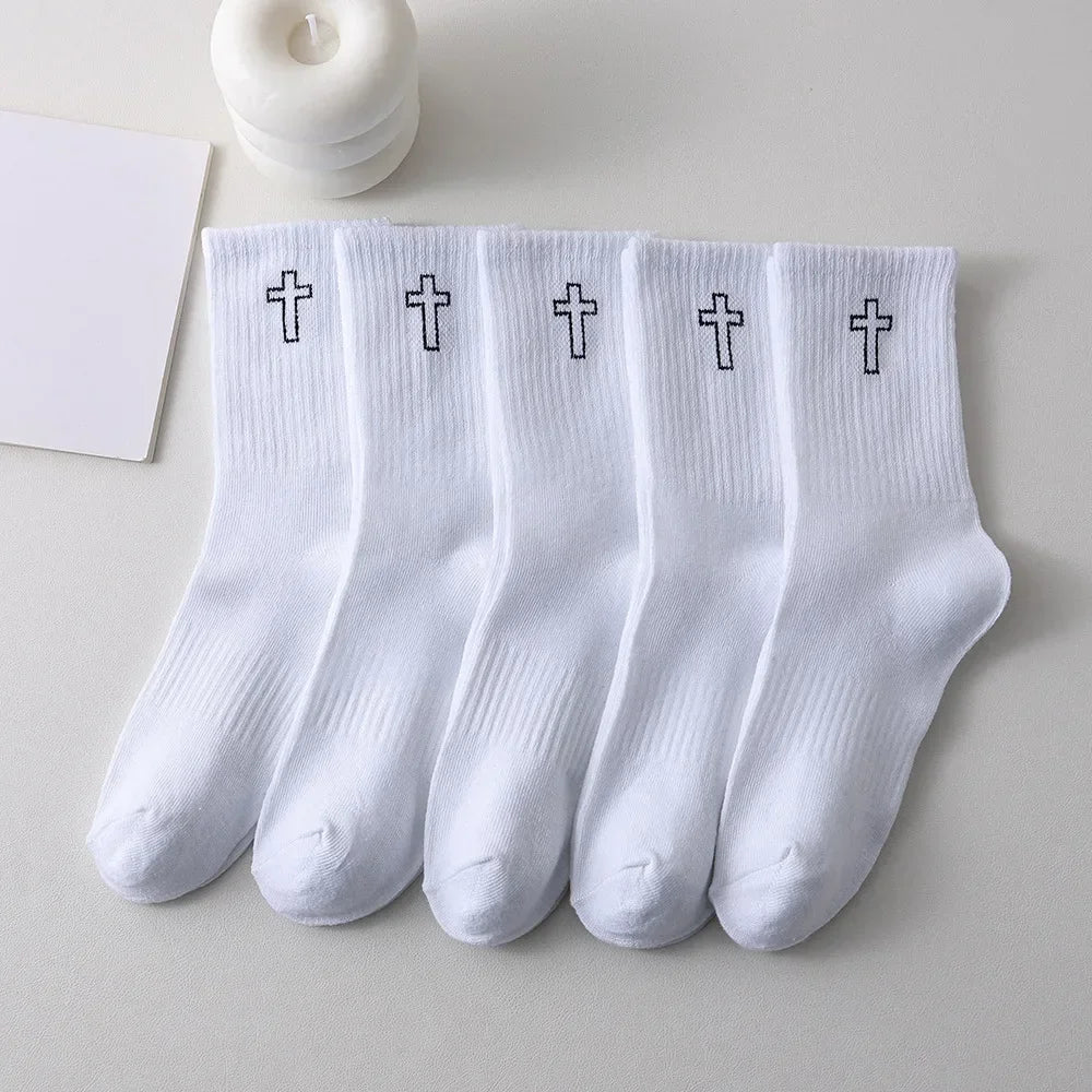 Men's Black and White Socks Spring and Summer Midsection Cross Embroidered Long Socks Teenage Trend Sweat Absorbing Socks