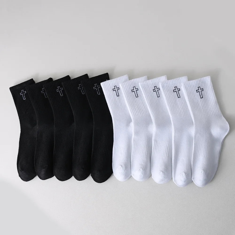 Men's Black and White Socks Spring and Summer Midsection Cross Embroidered Long Socks Teenage Trend Sweat Absorbing Socks
