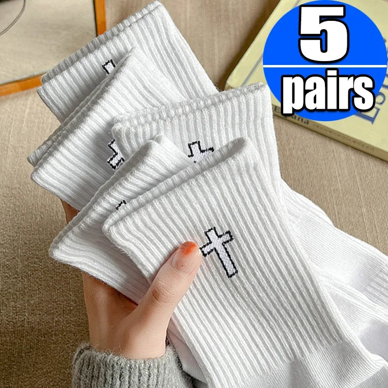 Men's Black and White Socks Spring and Summer Midsection Cross Embroidered Long Socks Teenage Trend Sweat Absorbing Socks